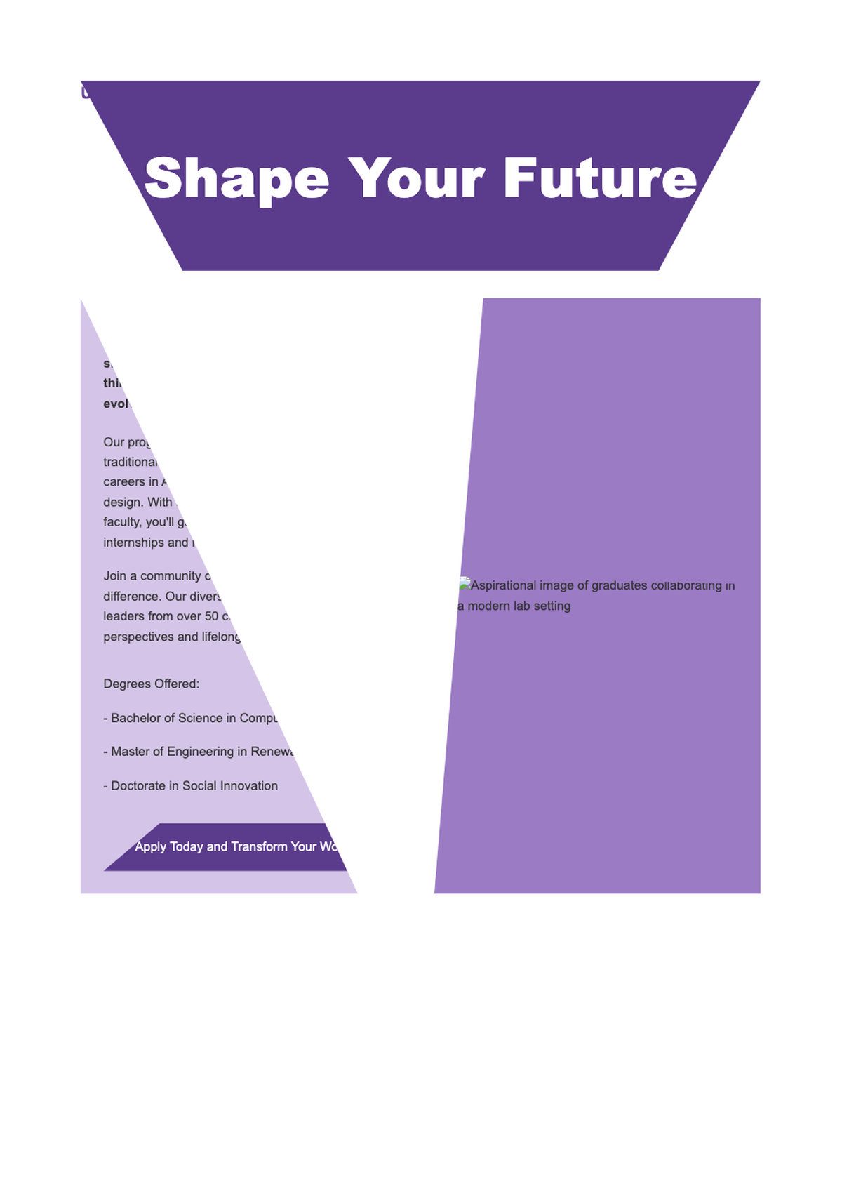 Education brochure with graduates celebrating and purple geometric design_variant_2